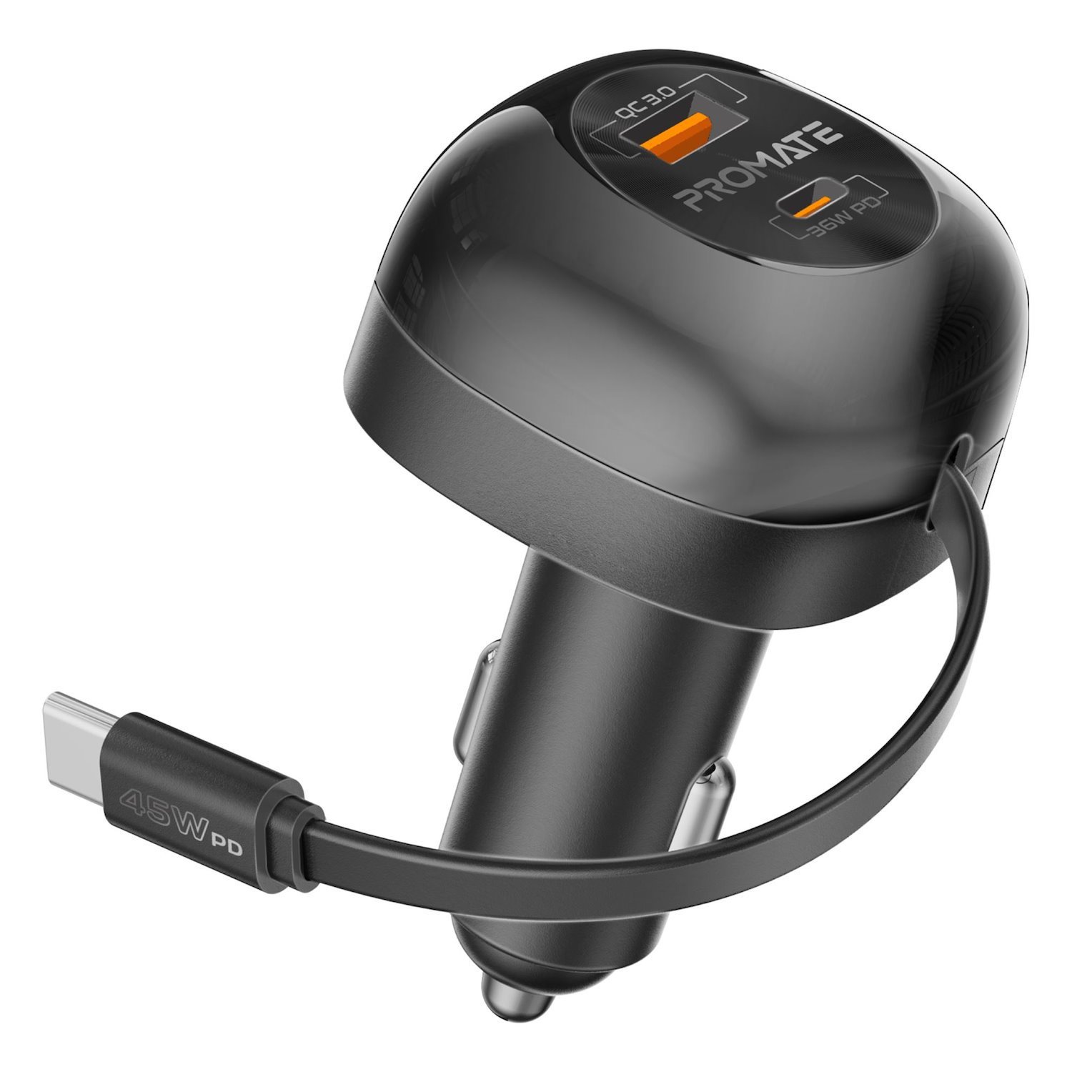 Promate Powerdrive-Rc65 62W PD In-Car Phone Charger With Retractable 80CM Usb-C Cable. 45W PDUSB-CConnector36WPDUSB-C Port 18W Usb-A QC3.0 Port.