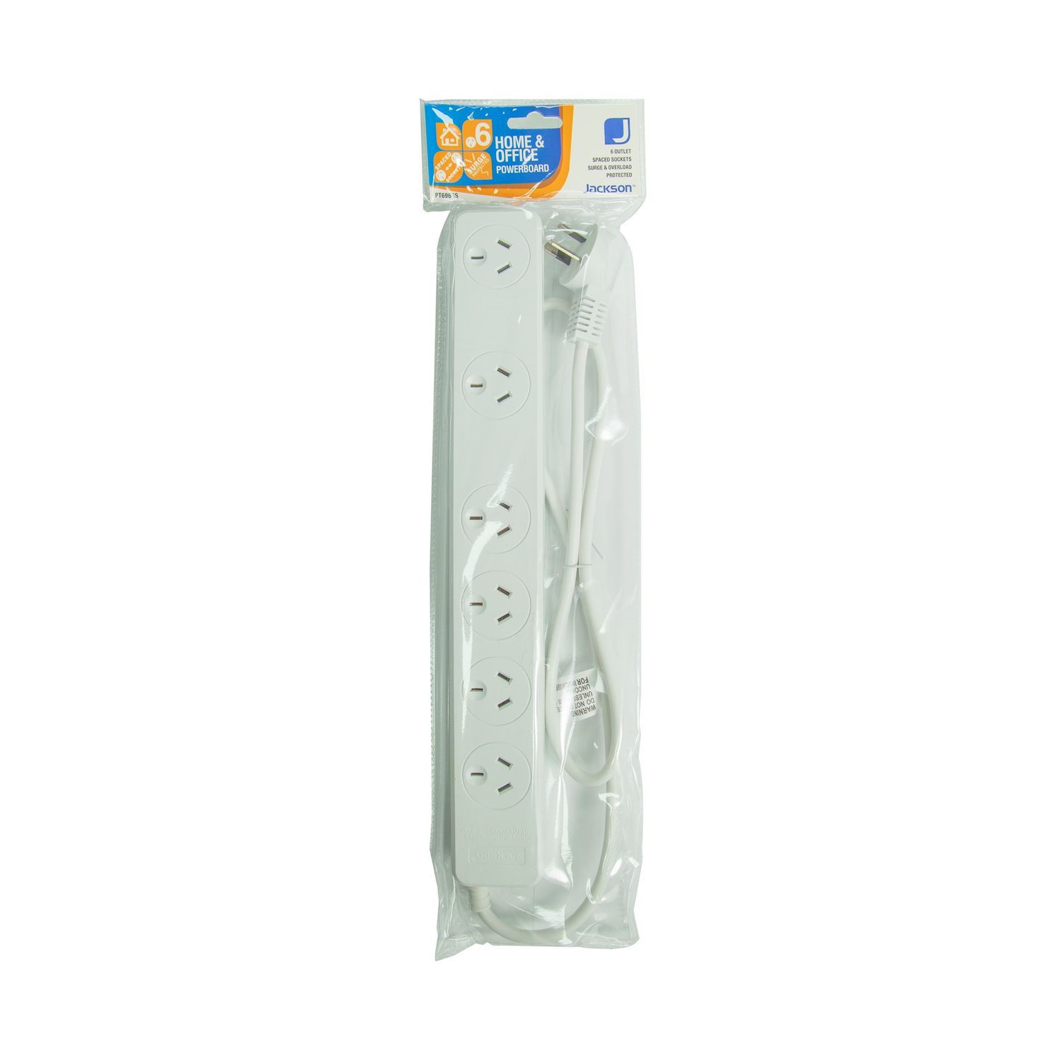 Jackson PT6969S 6 Outlet Protected Power Board With 2 Double Spaced Ports 1M Power Cord - Surge & Overload Protected (Energy Absorbtion Rating 175J)