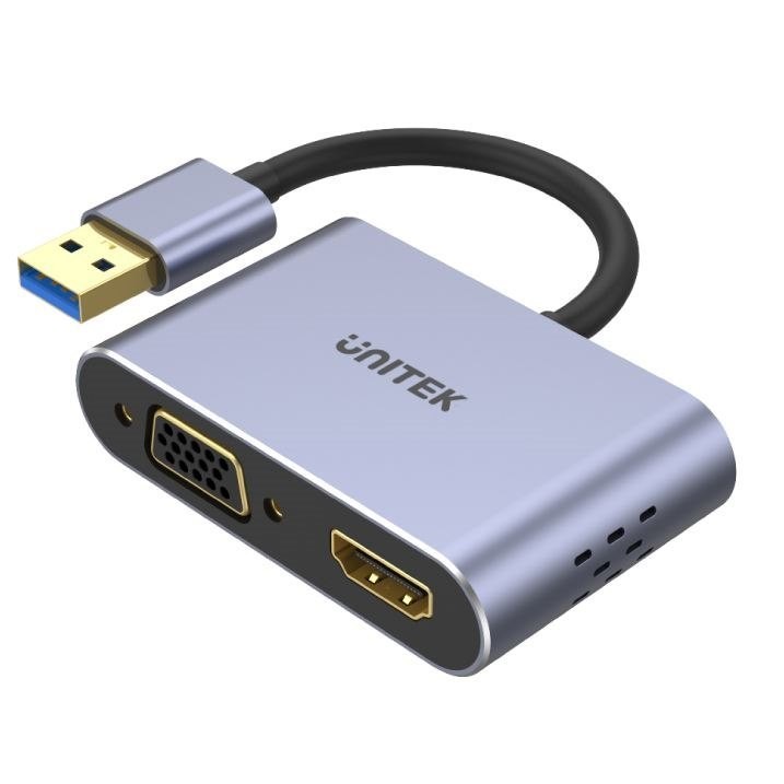Unitek V1304a Usb-A To Hdmi 2.0 & Vga Adapter With Dual Monitor Support. Screen Res Up To 1920x1080P(FHD). Gold-Plated Connector & Ports. Aluminium-Alloy Housing. 15CM Cable. Space Grey Colour.