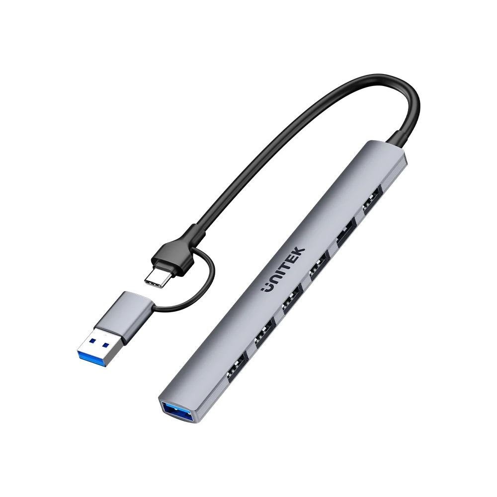 Unitek 7-In-1 Usb Multi-Port Super Slim Hub With Usb-C & A Connectors - Space Grey 6X Usb-A 480Mbps Ports & 1X Usb-A 5Gbps Port - Plug & Play