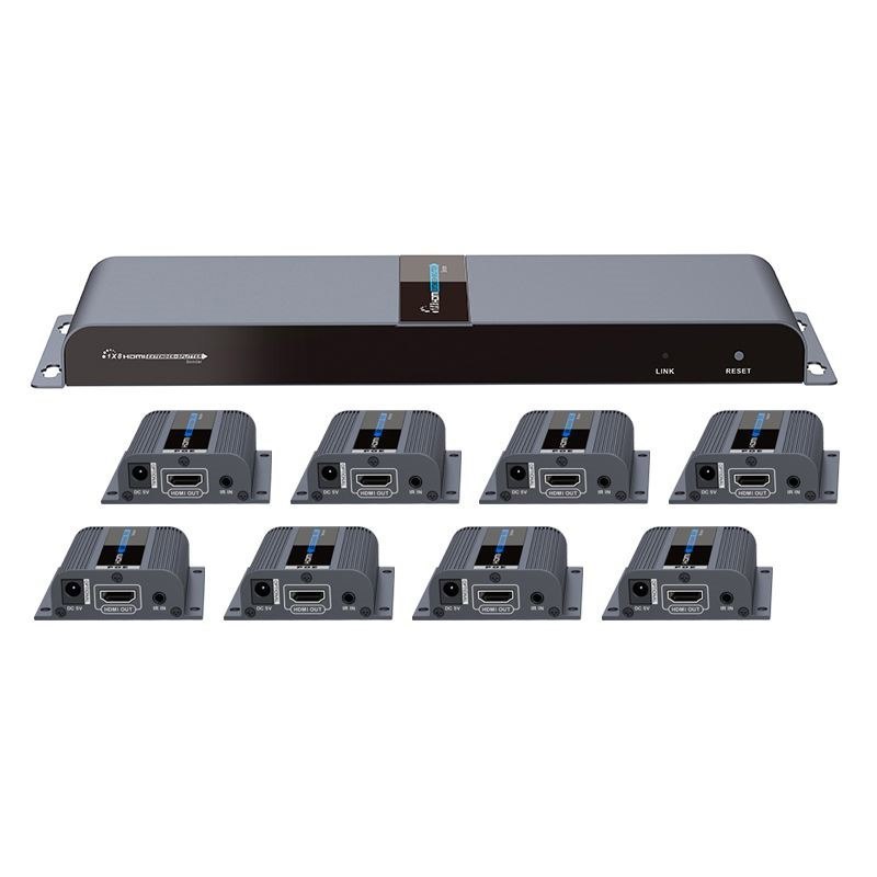 Lenkeng 1-In-8-Out 1080P Hdmi Extender. 1X Hdmi In To 8X RJ45 Out Compatible With CAT6/6a/7 Cables, Transmit Up To 40M, Plug & Play, Wall-Mountable, Supports Edid, Includes 1X Transmitter & 8X RX.