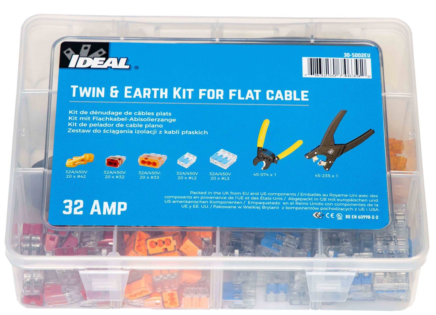 Ideal Industries Twin And Earth 32A Kit For Flat Cable. Box Of 100 Includes 1X Flat Cable Stripper, 1X Cutter, 20X Splice Line, 20X Each Of 2 And 3 Push In Wire, 20X Each 2 And 3 Port Lever Wire.