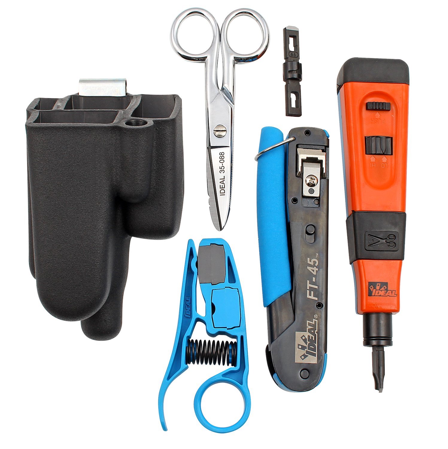 Ideal Industries Twisted Pair Termination Hip Kit For Cat5e, Cat6 And Cat6A Modular Plugs. Includes Crimp Tool, Punch Down Tool, Stripper, Scissor And Pouch With Clip.