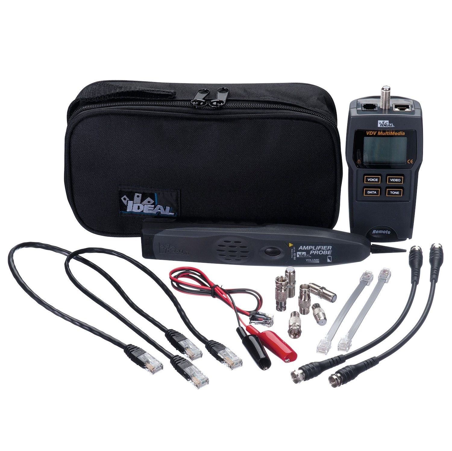 Ideal Industries Test-Tone-Trace Voice/Data/Video Test Kit. Includes Carrying Case With Patch Cables, Alligator Clips, BNC And Rca Adapters.