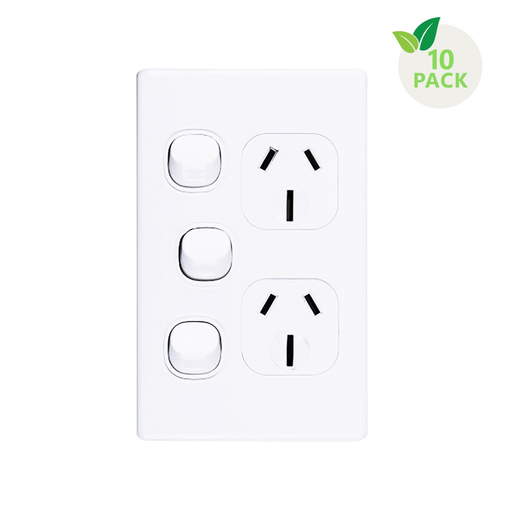 4Cabling 4C | Elegant Double Power Point 250V 10A With Extra Switch - Vertical - 10 Pack With 10 Free C-Clips
