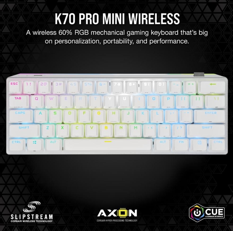 Corsair K70 Pro Mini Wireless RGB 60% Mechanical Gaming Keyboard, Backlit RGB Led, Cherry MX Speed, Black, White PBT Keycaps