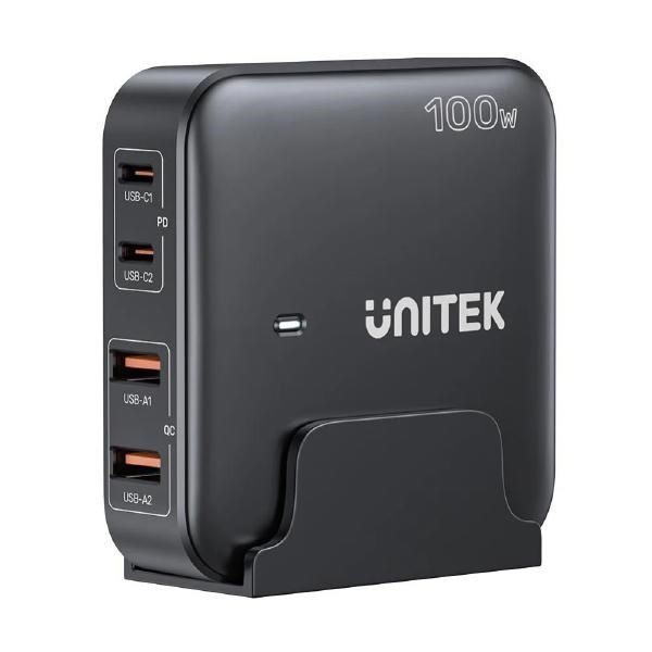 Unitek 4-In-1 Desktop GaN Charger, Usb-C X2 PD, Usb-A QC 3.0 X2 With Power Cord, 100W, Black, Unitek Gift Box
