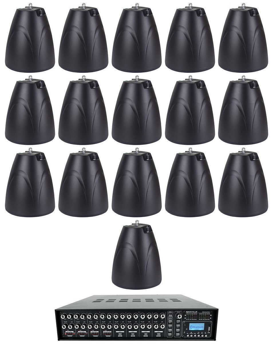4-Zone Matrix Multi Room Commercial 70v Amplifier+16 6.5" Black Pendant Speakers