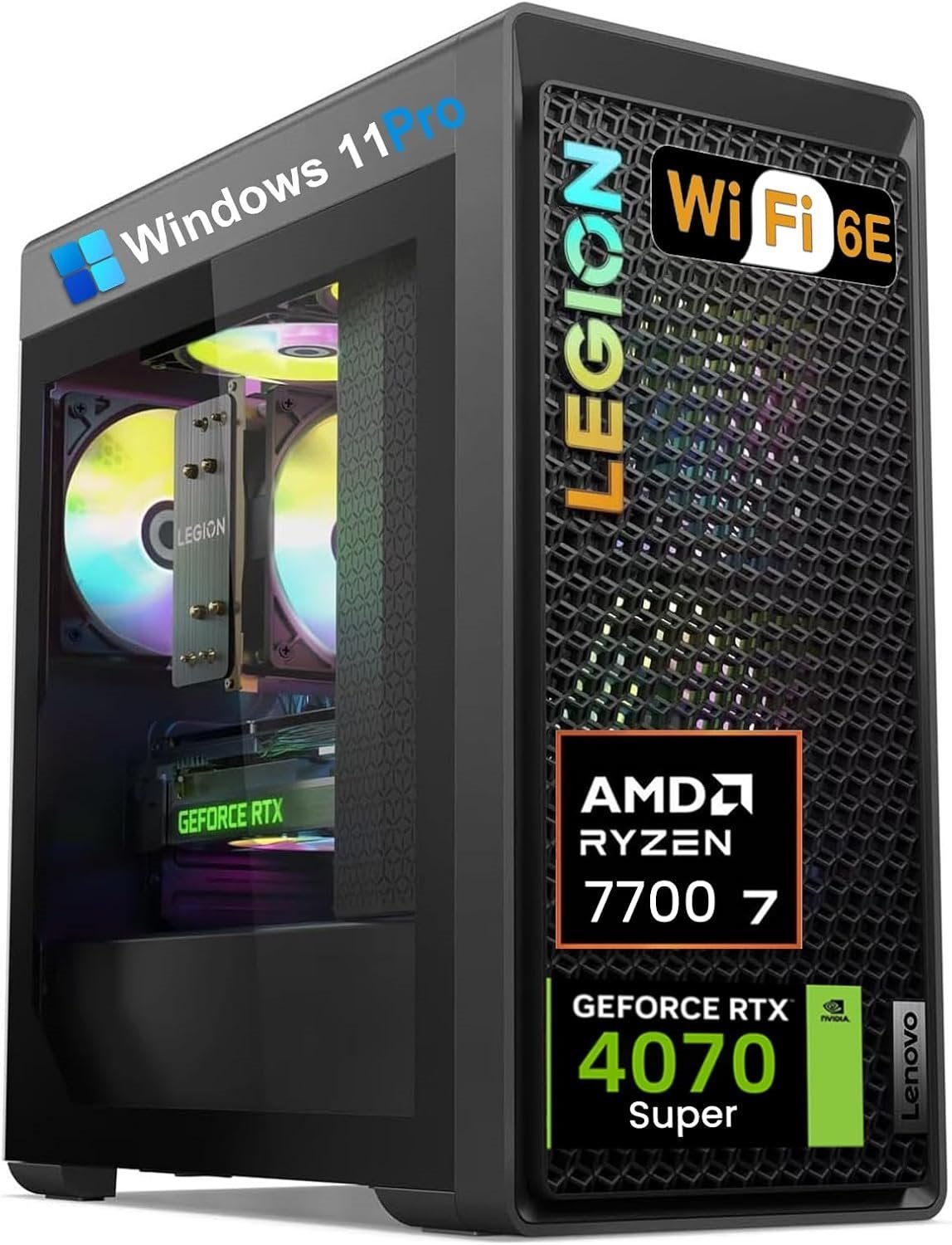 Lenovo Legion Tower Gaming Desktop PC - AMD Ryzen 7 7700 (up to 5.3GHz), NVIDIA GeForce RTX 4070 Super, Wi-Fi 6E, Windows 11 Pro, (64GB RAM, 4TB SSD)