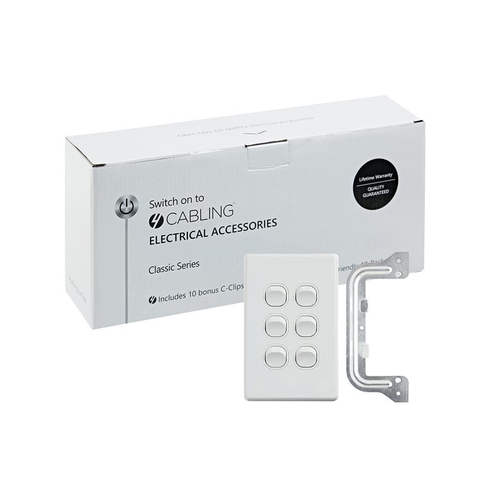 4Cabling 4C | Classic 6 Gang Switch 250V 16Ax - Vertical - 10 Pack With 10 Free C-Clips
