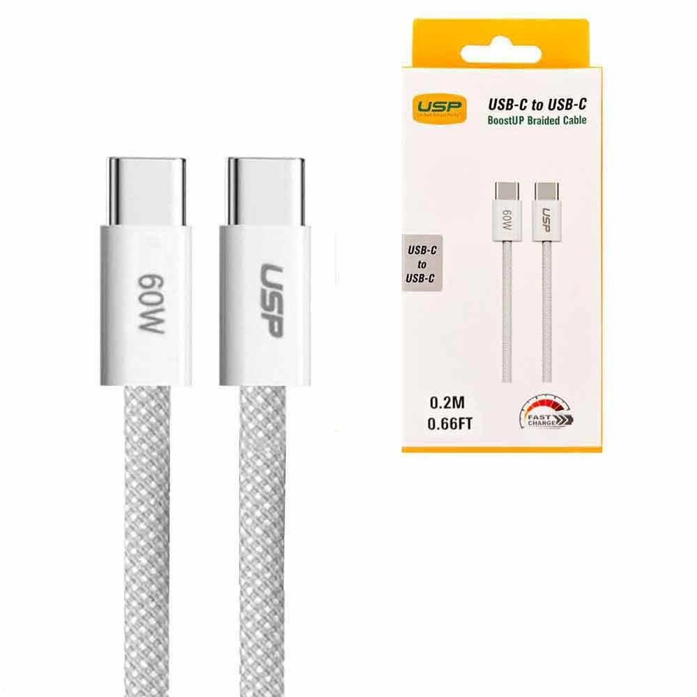 Usp BoostUp Braided Usb-C To Usb-C Cable (0.2M) - White, 3A/60W, 480Mbps, 40K+ Bends, Safe & Fast, Apple iPhone, Samsung Galaxy, 2 Years Warranty