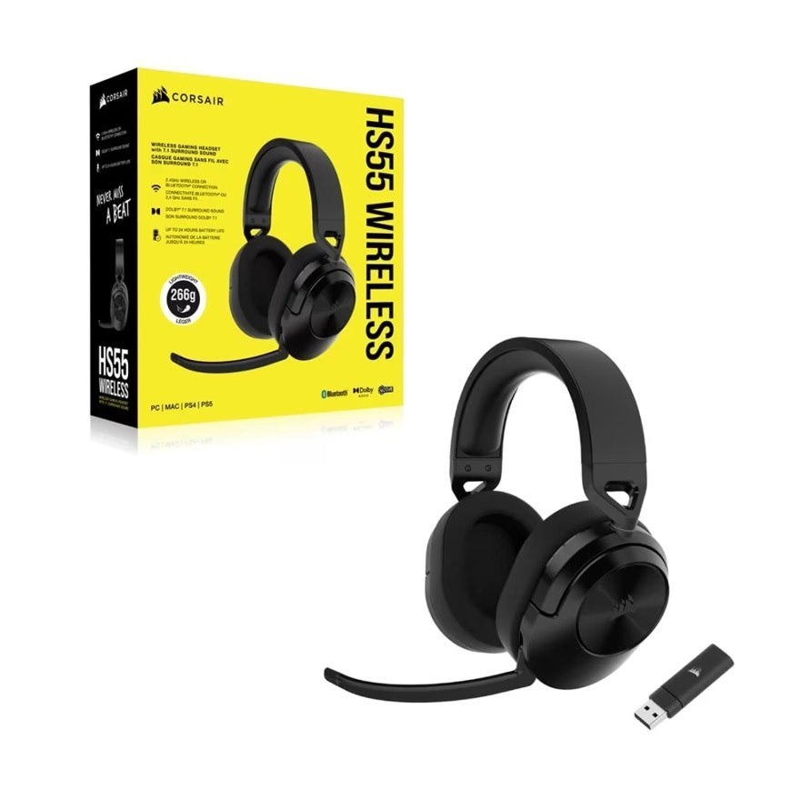 Corsair HS55 Wireless Gaming Headset- Carbon (Ap), 50MM Drivers, Dolby 7.1, Wireless 50 FT, 24H Battery, PC/PS4/PS5, Icue Support, Omnidirectional Mic