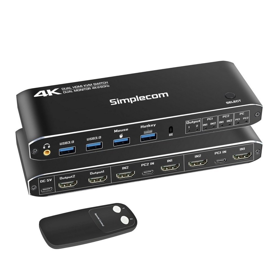 Simplecom KM430 Dual Hdmi Monitor KVM Switch For 2 Computers With 4-Port Usb Hub 4K@60Hz Keyboard Hotkey