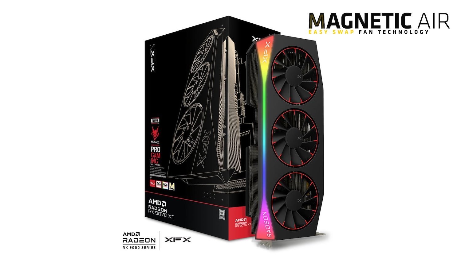 XFX Mercury Amd Radeon RX 9070XT Oc Magnetic Air Edition With RGB 16GB GDDR6, Hdmi 3xDP, Amd Rdna™ 4 (97Tmargb9)