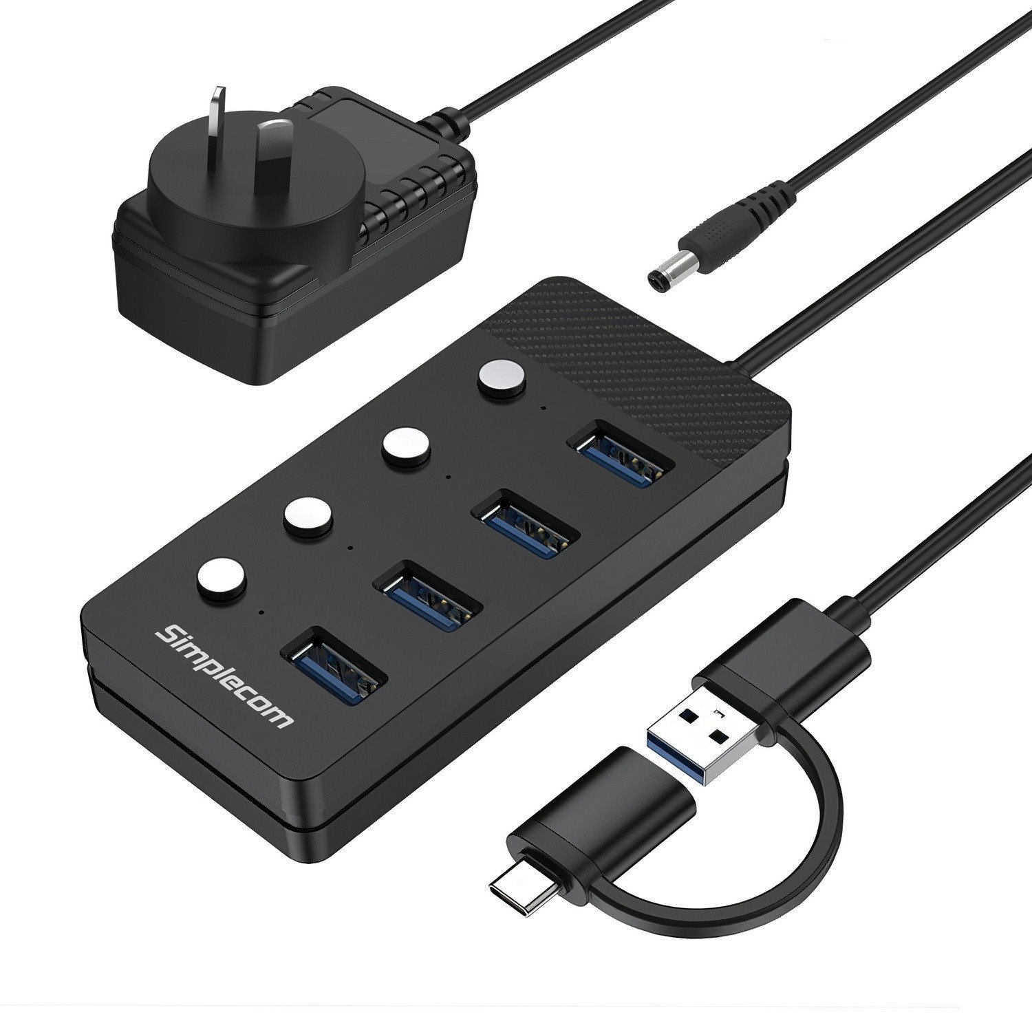 Simplecom CH345C SuperSpeed Usb-A And Usb-C To 4-Port Usb 3.0 Hub 5Gbps Individual Switches And Power Adapter