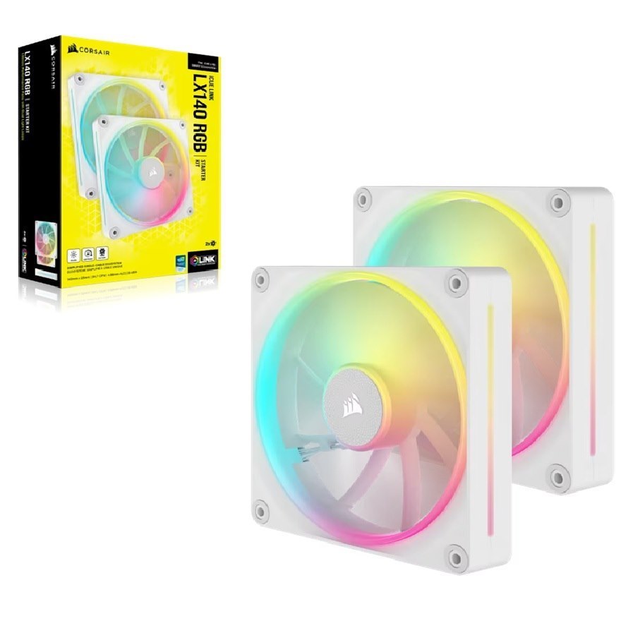 Corsair LX140 White, Dual -iCUE Link LX140 RGB 140MM PWM Fans Starter Kit - White