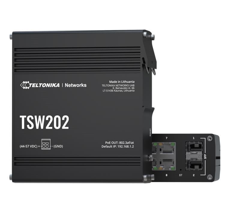 Teltonika TSW202 Managed PoE+ Ethernet Switch, Supports Profinet, 2 SFP Ports, 8 Gigabit Ethernet Ports Providing 30W Of Power Each, Psu Excluded