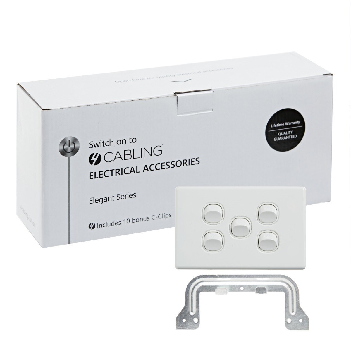 4Cabling 4C | Elegant Wall Switch 5 Gang 250V 16A - Horizontal - 10 Pack With 10 Free C-Clips