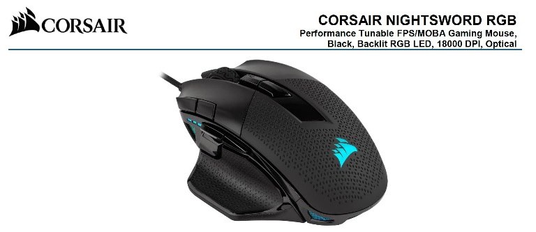 Corsair Nightsword RGB Smart Tunable, Fps/Moba, 18000 Dpi, Gaming Mouse