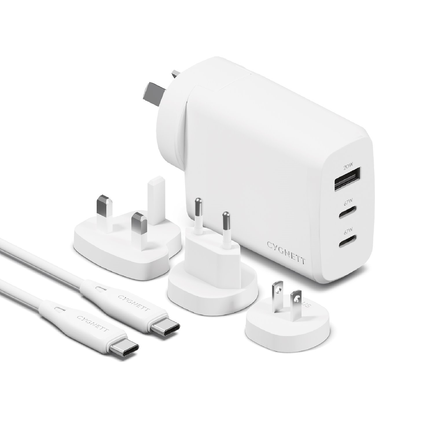 Cygnett Voyager 67W Multi-Port GaN Travel Wall Charger - White (CY4771PDWCH), 2X Usb-C (67W), 1X Usb-A (20W),1M Usb-C To Usb-C , 2 Years Warranty
