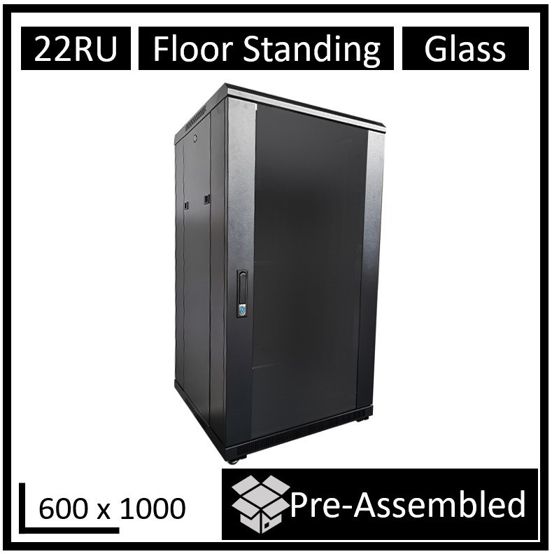 LDR Assembled 22U Server Rack Cabinet (600MM X 1000MM), Glass Door, 1X 8-Port Pdu, 1X 4-Way Fan, 2X Fixed Shelves - Black Metal Construction