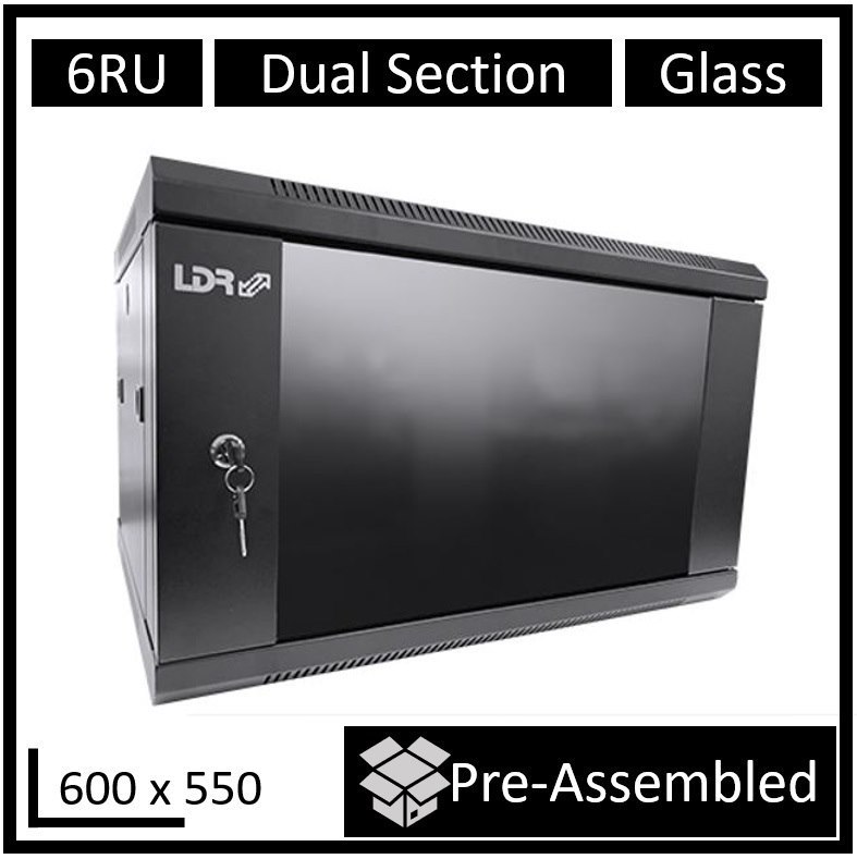 LDR Assembled 6U Hinged Wall Mount Cabinet (600MM X 550MM) Glass Door - Black Metal Construction - Top Fan Vents - Side Access Panels