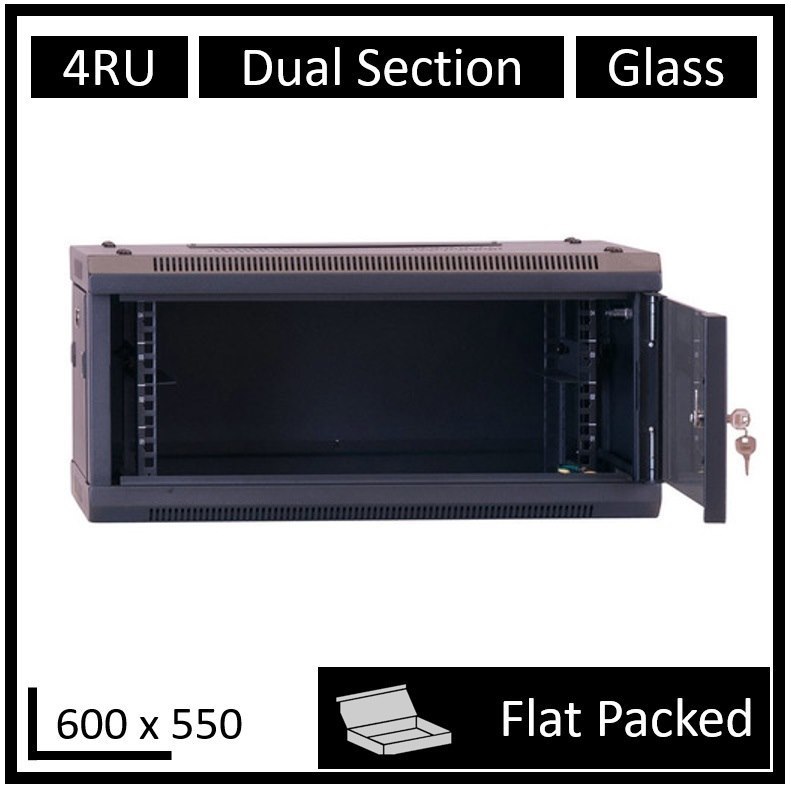 LDR Flat Packed 4U Hinged Wall Mount Cabinet (600MM X 550MM) Glass Door - Black Metal Construction - Top Fan Vents - Side Access Panels