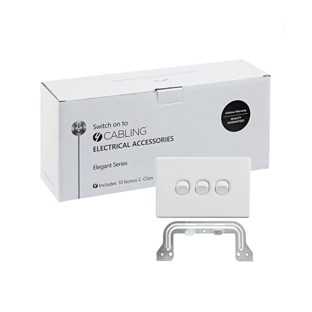 4Cabling 4C | Elegant Wall Switch 3 Gang 250V 16A | Horizontal | 10 Pack With 10 Free C-Clips