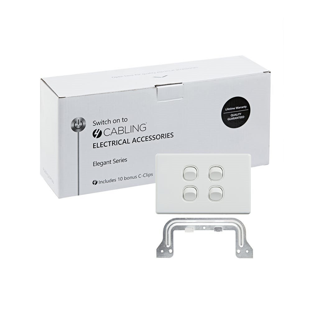 4Cabling 4C | Elegant Wall Switch 4 Gang 250V 16A | Horizontal | 10 Pack With 10 Free C-Clips