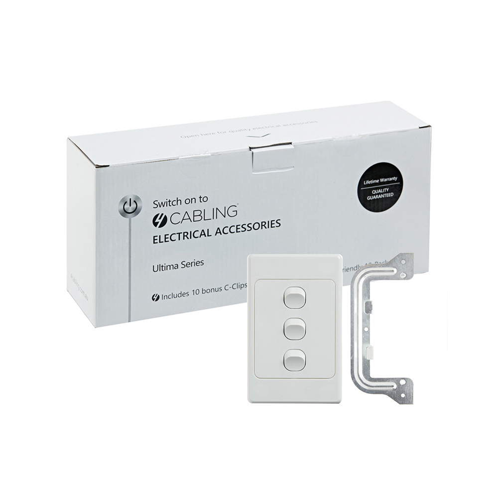4Cabling 4C | Ultima 3 Gang Switch 250V 16Ax - Vertical - 10 Pack With 10 Free C-Clips