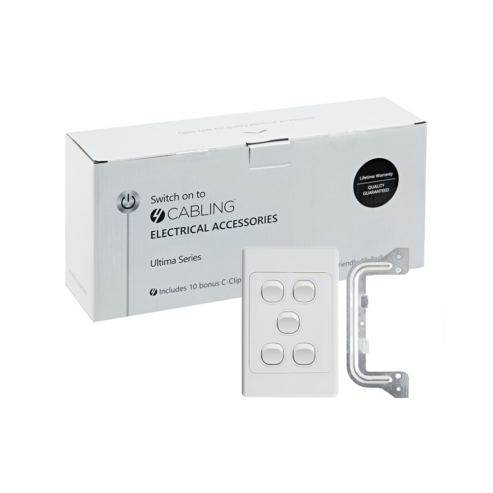 4Cabling 4C | Ultima 5 Gang Switch 250V 16Ax - Vertical - 10 Pack With 10 Free C-Clips