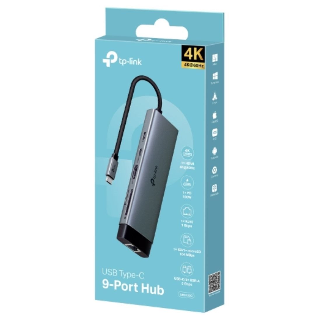 Tp-Link 9 Port Hub, Hdmi 4K(1), RJ45 Ge(1), 100W PD(1), Usb-C(1), Usb-A(3), SD/mSD(2), 1YR