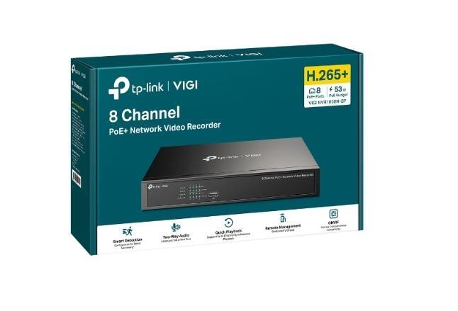 Tp-Link Vigi 8-CH NVR, 3.5"(0/1), Uhd, 8MP, Hdmi(1), Vga(1), 10/100(1), 53W Poe(8), 3YR