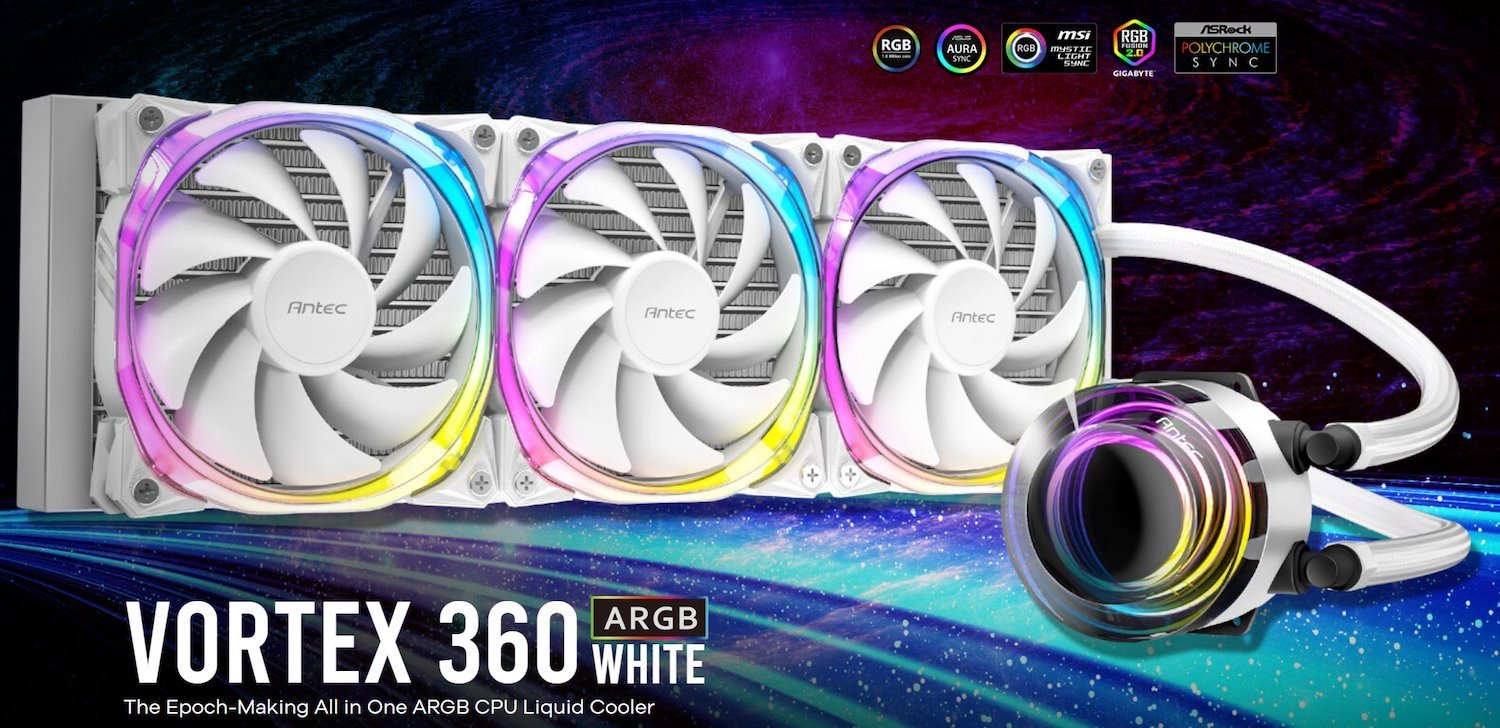 Antec Vortex 360MM Argb Whte Liquid Cpu Cooler Argb Controller, Epdm High-Density Tubing, Lga 115X, 1200, 1700, 20XX, Am3, Am4 Am5,Tr4 3 YRS Warranty
