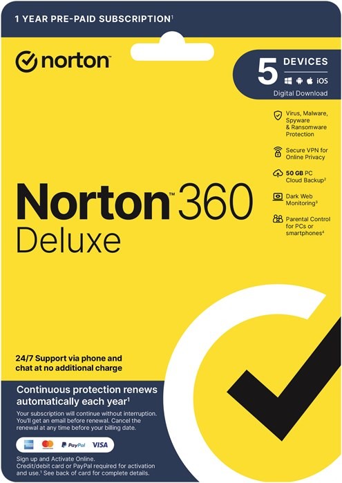 Norton 360 Deluxe 50GB Au 1 User, 5 Devices, 12 Months, Digital Key Via Email (Available On Leader Cloud)