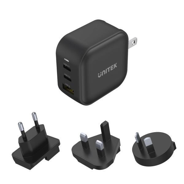 Unitek Travel Tri GaN 3 Ports 66W Charger With Usb PD, QC 3.0, With Eu, Uk And Au Plug, Black, Unitek Gift Box
