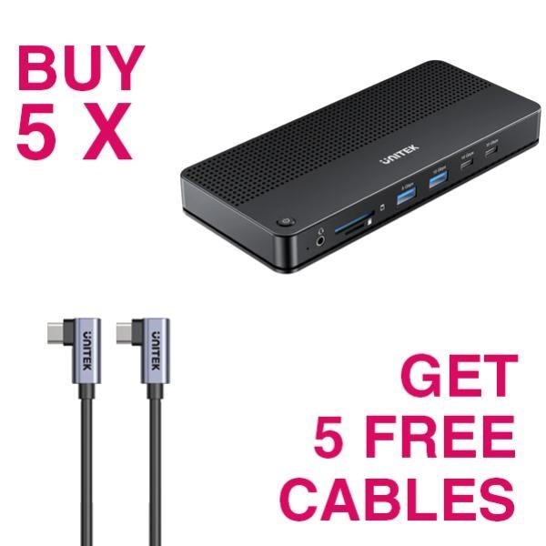 Unitek Kit- Buy 5 Unitek 13-In-1 Usb-C PD 100W 8K/30Hz Universal Docking Stations + 5 X Free Unitek 1M PD100W Usb-C Dual 90 Degree Power Cable (Steel Grey)