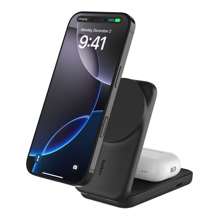 Belkin UltraCharge 2-In-1 Foldable Magnetic Wireless Charger 25W With Qi2 + 45W Usb-C Wall Charger + Usb-C Cable- Black (WIZ039auBK), 2 Years Warranty
