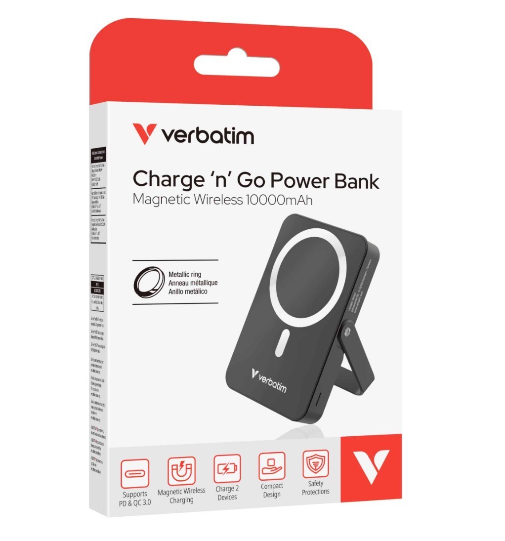 Verbatim Power Bank Magnetic Wireless 10,000mAh With Stand - Black