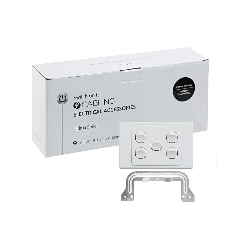 4Cabling 4C | Ultima 5 Gang Switch 250V 16Ax - Horizontal - 10 Pack With 10 Free C-Clips