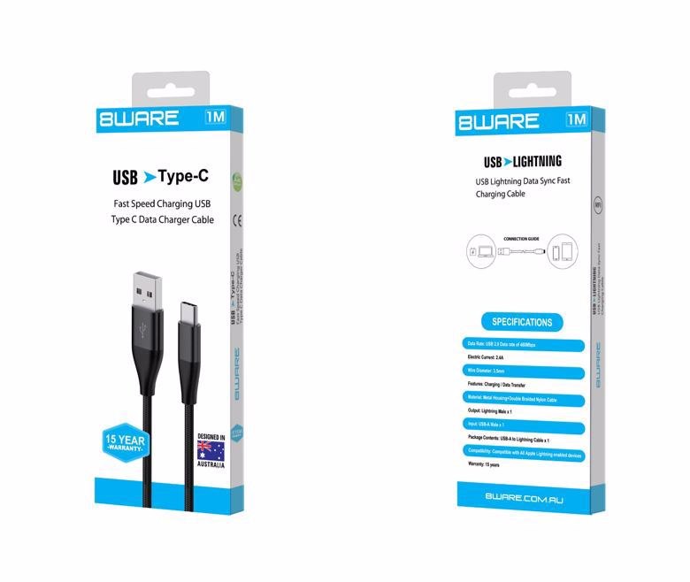 8Ware Premium 1M Samsung Certified Fast Speed Charging Usb-C Type C Data Charger Cable For Samsung Huawei Google LG Retail Pack