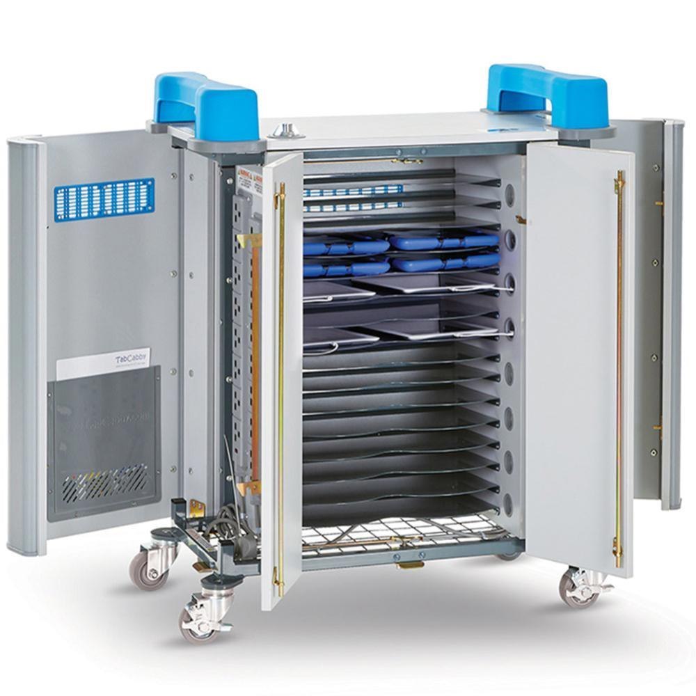 Lapcabby The 'TabCabby 32 Horizontal Compact' Charges 32 Tablets Up To 11" Screen Size Including Their Protective Cases. The Horizontal Storage Shelves Store Two Devices Side BY Side Within A Compact