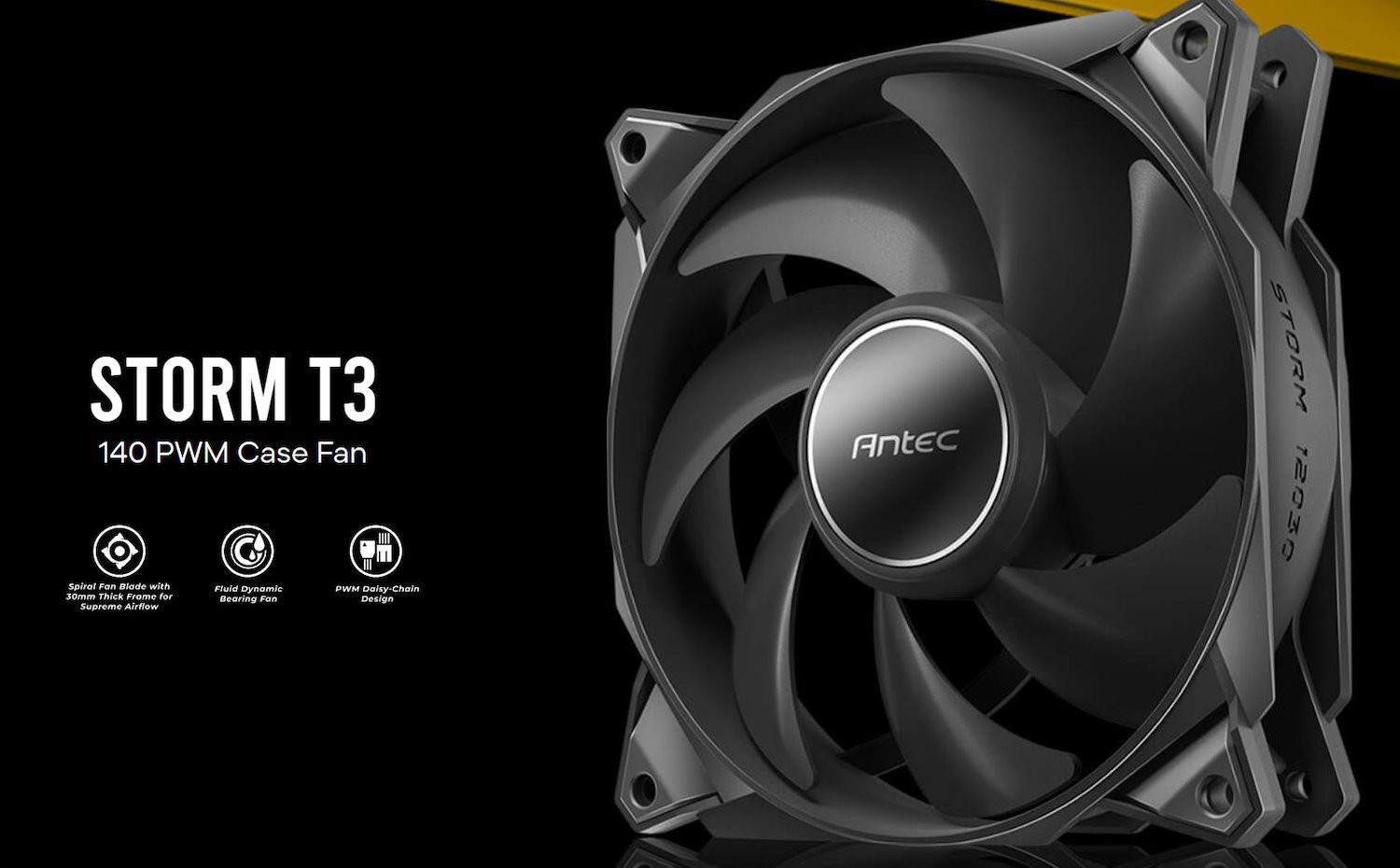Antec Storm 140MM T3 PWM FDB Fan, High Airflow 112 CFM, Air Pressure 2.7, Noise Level 33.69 Woven Cable, PMW Daisy Chain Design, 3 YRS Warranty