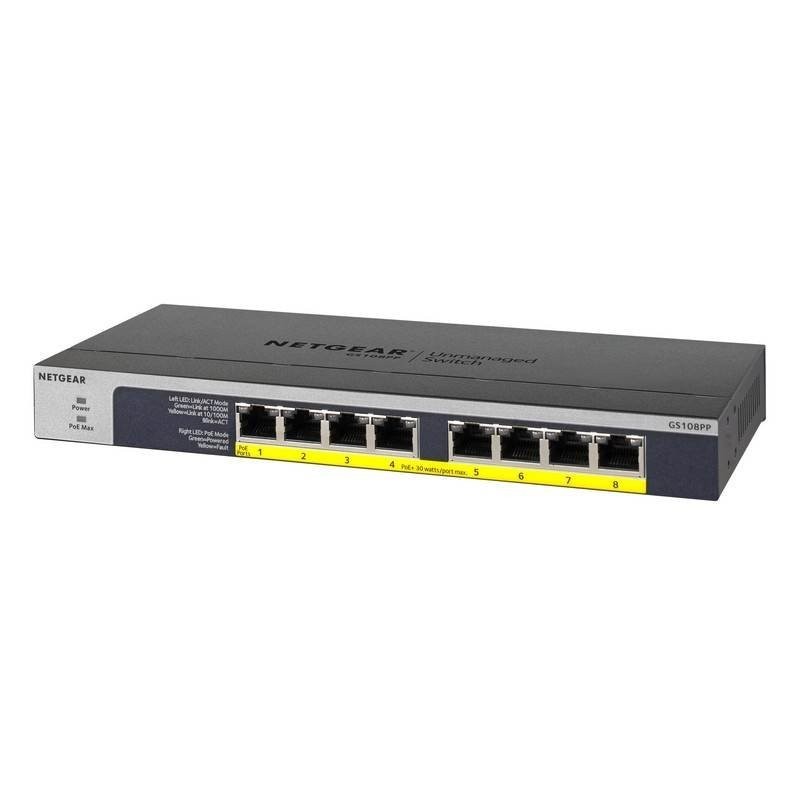 Netgear (GS108PP) 8-Port Unmanaged Switch, Poe+(8) 123W, Life WTY