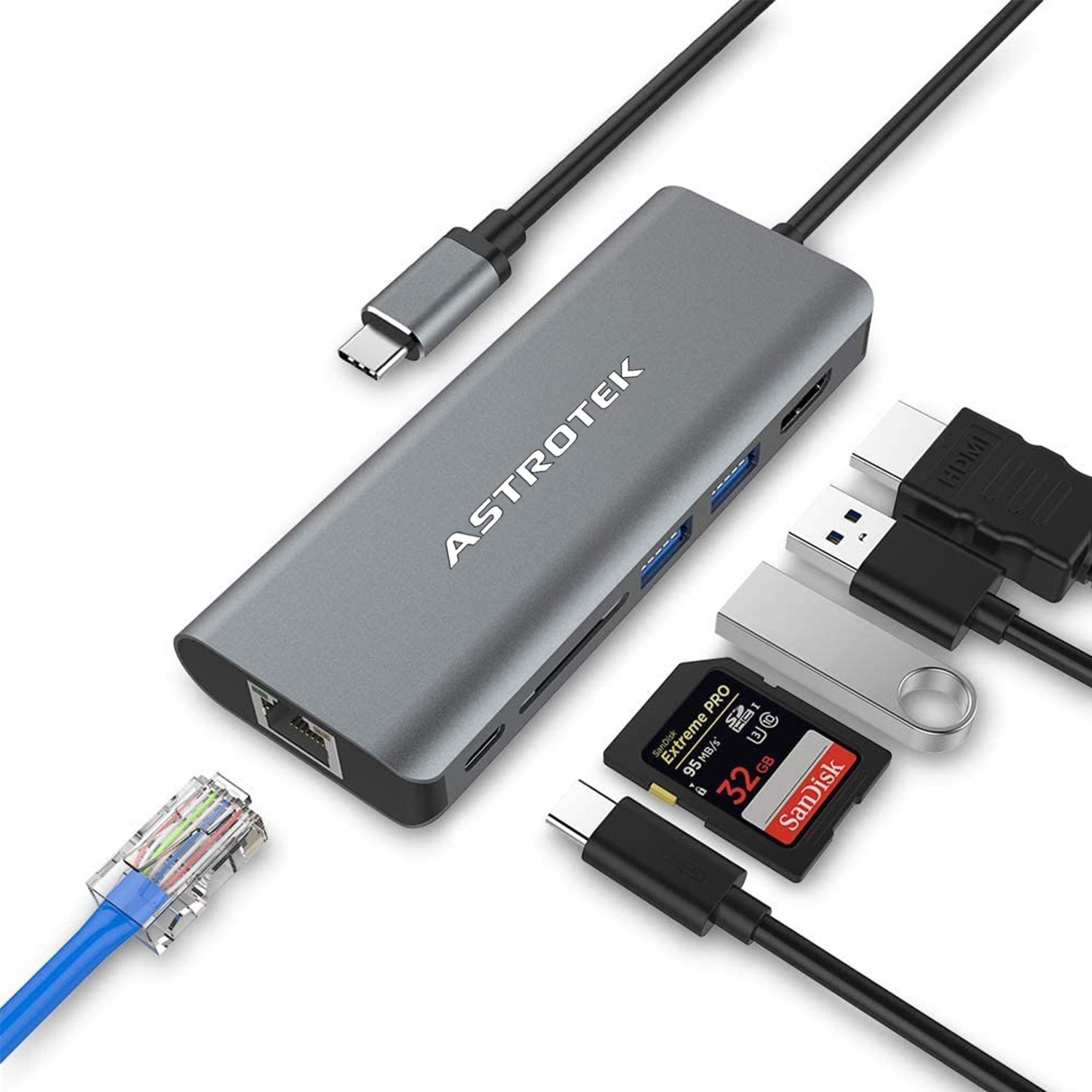 Astrotek Usb-C Dock 6-In-1 Multiport Hub/Docking Station With 60W Power 1xHDMI 4K Glan 2xUSB3.0 Card Reader For HP Lenovo Asus MacBook Chromebook