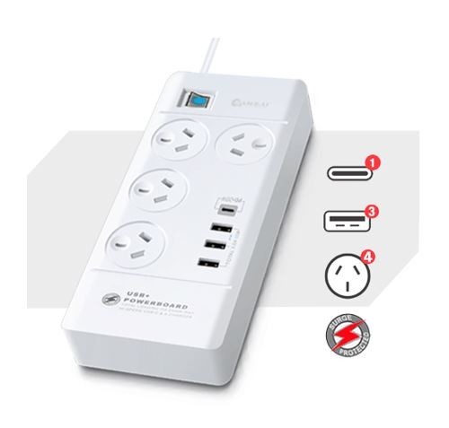 Generic Sansai 4 Outlet 3xUSB-A & 1xUSB-C Powerboard Master On/Off Switch Surge And Overload Protected Fast Charging 1M 20W 220-240V 10A Iv Retail Box