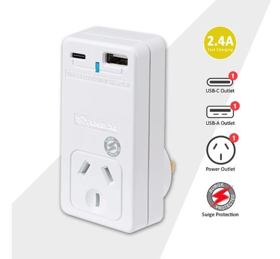 Generic Sansai Usb C + A 2xUSB Charging Outlets Power Adaptor 240V 10A Power Status Indicator Wall Charger