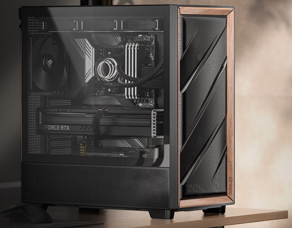 Antec Flux Atx, Black Premium Walnut Trim, 5X Black PWM Performance Fans. Ultra Cooling Design, Argb Controller, Mid Tower Case