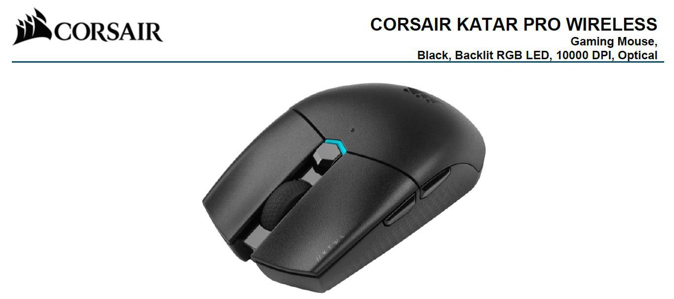 Corsair Katar Pro Wireless Gaming Mice, Ultra Light Weight, Sub-1Ms Slipstream Wireless Connection, Icue Software, (LS)