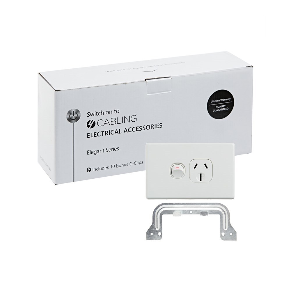 4Cabling 4C | Elegant Single Power Point 250V 15A | Horizontal | 10 Pack With 10 Free C-Clips